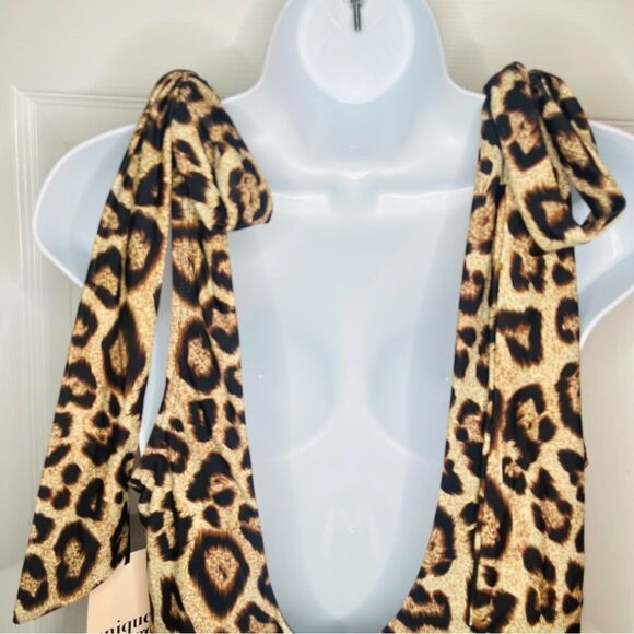 Unique Vintage Leopard Print Plunge Neck One Piece Swimsuit Bow Shoulder M NWT - Picture 10 of 13